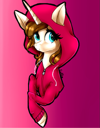 Size: 517x660 | Tagged: safe, artist:gihhbloonde, oc, oc only, oc:gihh bloonde, pony, unicorn, bust, clothes, eyelashes, female, gradient background, hoodie, horn, mare, smiling, solo, unicorn oc