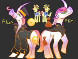 Size: 2048x1536 | Tagged: safe, artist:iizda, flam, flim, pony, unicorn, g4, black background, brothers, curved horn, female, flim flam brothers, hat, horn, male, mare, raised hoof, redesign, siblings, simple background, stallion