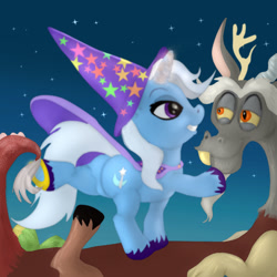 Size: 1280x1280 | Tagged: safe, artist:bicharrac0, discord, trixie, draconequus, pony, unicorn, g4, butt, cape, clothes, digital art, duo, extended trot pose, fangs, female, grin, hat, illustration, looking at each other, looking at someone, magic, male, mare, plot, shipping, smiling, smiling at each other, standing on two hooves, stars, straight, the great and powerful ass, trixcord, trixie's cape, trixie's hat