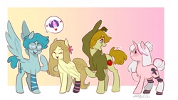 Size: 2048x1150 | Tagged: safe, artist:aylufujo, oc, oc only, pegasus, pony, unicorn, abstract background, clothes, female, glasses, group, hoodie, mare, pegasus oc, pictogram, smiling, socks, striped socks, wings