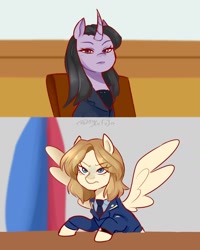 Size: 1384x1732 | Tagged: safe, artist:aylufujo, pegasus, pony, unicorn, clothes, curved horn, duo, eyelashes, female, horn, indoors, kim yo-jong, mare, natalia poklonskaya, necktie, north korea, ponified, russia, suit, wings