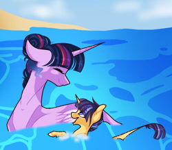 Size: 663x581 | Tagged: safe, artist:enifersuch, twilight sparkle, oc, alicorn, pony, g4, beach, duo, female, looking back, mare, offspring, parent:flash sentry, parent:twilight sparkle, parents:flashlight, smiling, twilight sparkle (alicorn)