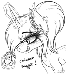 Size: 1680x1858 | Tagged: safe, artist:beamybutt, oc, oc only, pony, bust, chicken meat, chicken nugget, ear fluff, ear piercing, female, food, glowing, glowing horn, horn, licking, licking lips, lineart, magic, mare, meat, piercing, ponies eating meat, smiling, telekinesis, tongue out