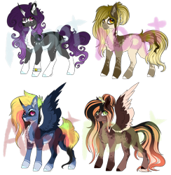 Size: 1708x1752 | Tagged: safe, artist:beamybutt, oc, oc only, alicorn, earth pony, pegasus, pony, alicorn oc, base used, ear fluff, earth pony oc, female, horn, mare, offspring, parent:applejack, parent:fluttershy, parent:king sombra, parent:rainbow dash, parent:rarity, parents:sombradash, parents:sombrajack, parents:sombrarity, parents:sombrashy, pegasus oc, simple background, transparent background, wings