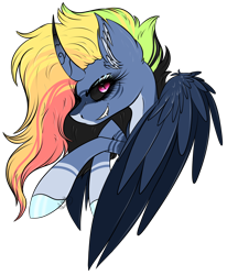 Size: 1776x2154 | Tagged: safe, artist:beamybutt, oc, oc only, alicorn, pony, alicorn oc, bust, curved horn, ear fluff, evil smile, eyelashes, female, grin, horn, mare, offspring, parent:king sombra, parent:rainbow dash, parents:sombradash, simple background, smiling, solo, transparent background, wings