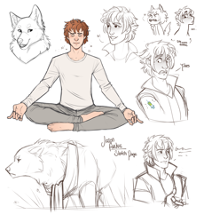 Size: 2893x3139 | Tagged: safe, artist:royvdhel-art, oc, oc only, human, pony, wolf, blushing, bust, clothes, high res, male, meditating, pants, simple background, sketch, sketch dump, white background