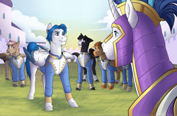 Size: 1832x1206 | Tagged: safe, artist:royvdhel-art, shining armor, oc, oc:silent knight, pegasus, pony, unicorn, g4, armor, clothes, colored wings, helmet, male, outdoors, royal guard, stallion, two toned wings, wings