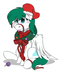 Size: 1620x2060 | Tagged: safe, artist:rokosmith26, oc, oc only, oc:zephyr, pegasus, pony, fanfic:zephyr, bow, cheek fluff, christmas, christmas stocking, christmas wreath, clothes, commission, female, floppy ears, holiday, looking up, mare, one ear down, pegasus oc, raised hoof, red scarf, ribbon, scarf, shadow, simple background, sitting, smiling, solo, sweat, sweatdrop, tail, tongue out, transparent background, wreath, ych result