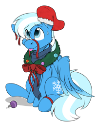 Size: 1620x2060 | Tagged: safe, artist:rokosmith26, oc, oc only, oc:bluebreeze, pegasus, pony, blue scarf, bow, cheek fluff, christmas, christmas stocking, christmas wreath, clothes, commission, floppy ears, holiday, looking up, male, one ear down, pegasus oc, pegasus wings, raised hoof, ribbon, scarf, shadow, simple background, sitting, smiling, solo, spread wings, stallion, sweat, sweatdrop, tail, tongue out, transparent background, wings, wreath, ych result