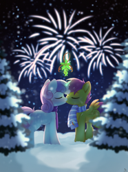 Size: 1782x2400 | Tagged: safe, artist:dinoalpaka, scootaloo, sweetie belle, pegasus, pony, unicorn, g4, blushing, butt, christmas, clothes, eyes closed, female, filly, fireworks, holiday, kiss on the lips, kissing, lesbian, magic, mistleholly, patreon, patreon reward, plot, scarf, ship:scootabelle, shipping, snow, snowfall