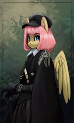 Size: 2372x3926 | Tagged: safe, artist:mrscroup, fluttershy, pegasus, anthro, g4, alternate hairstyle, badass, clothes, flutterbadass, gloves, hat, high res, looking at you, military uniform, solo, uniform