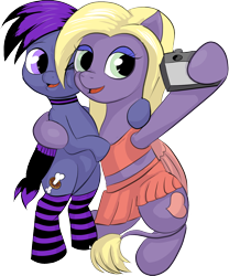 Size: 1078x1294 | Tagged: safe, artist:ponyway, oc, oc only, oc:tina, oc:tiny menace, pegasus, pony, 2022 community collab, derpibooru community collaboration, bipedal, camera, clothes, colt, duo, female, fixed, male, mare, simple background, socks, striped socks, transparent background