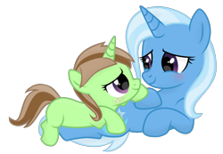Size: 1920x1332 | Tagged: safe, artist:grapefruit-face, trixie, oc, oc:limey lulamoon, pony, unicorn, g4, blushing, duo, female, freckles, looking at each other, looking at someone, lying down, mother and child, mother and daughter, parents:grapexie, purple eyes, show accurate, simple background, transparent background, updated, wholeseome
