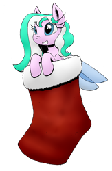 Size: 836x1280 | Tagged: safe, artist:darkhestur, oc, oc only, oc:dustlight, flutter pony, pony, christmas, female, holiday, mare, palindrome get, simple background, smiling, sock, solo, transparent background, two toned mane