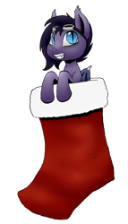Size: 734x1280 | Tagged: safe, artist:darkhestur, oc, oc only, oc:ravenpuff, bat pony, pony, christmas, fangs, goggles, holiday, simple background, sock, solo, transparent background