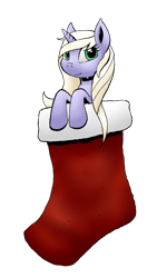 Size: 721x1280 | Tagged: safe, artist:darkhestur, oc, oc only, oc:white blade, pony, unicorn, christmas, holiday, simple background, sock, solo, transparent background