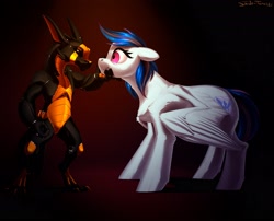 Size: 2600x2100 | Tagged: safe, artist:shido-tara, oc, oc only, oc:paperweight, android, dragon, pegasus, pony, robot, commission, duo, high res, looking at each other, looking at someone, pegasus oc, simple background