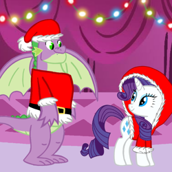 Size: 720x720 | Tagged: safe, artist:mlplary6, rarity, spike, dragon, pony, unicorn, g4, christmas, clothes, female, gigachad spike, holiday, male, older, older spike, ship:sparity, shipping, straight