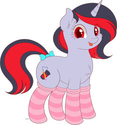 Size: 1654x1769 | Tagged: safe, artist:wownamesarehard, derpibooru exclusive, oc, oc only, oc:sonny, pony, unicorn, 2022 community collab, derpibooru community collaboration, bow, clothes, crossdressing, cute, eyelashes, male, red and black oc, red eyes, simple background, socks, solo, stallion, stockings, striped socks, tail, tail bow, thigh highs, tongue out, transparent background, trap