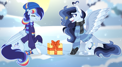 Size: 3635x2009 | Tagged: safe, artist:brushprism, artist:xxcheerupxxx, oc, oc only, oc:cloud speed, oc:silent heaven, pegasus, pony, clothes, duo, female, high res, mare, present, scarf, snow, sweater