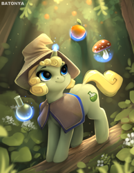 Size: 1836x2362 | Tagged: safe, artist:batonya12561, oc, oc only, oc:goldy flask, pony, unicorn, apple, clothes, flask, food, forest, hat, magic, mushroom, poncho, solo, telekinesis