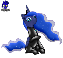 Size: 4154x3840 | Tagged: safe, alternate version, artist:damlanil, princess luna, alicorn, pony, g4, catsuit, clothes, crown, cute, ear piercing, ethereal mane, eyeshadow, female, galaxy mane, horn, jewelry, latex, latex suit, looking at you, makeup, mare, necklace, piercing, regalia, rubber, shiny, shiny mane, show accurate, simple background, sitting, smiling, smiling at you, solo, suit, transparent background, vector, wings