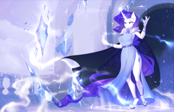Size: 5940x3854 | Tagged: safe, artist:vincher, rarity, unicorn, anthro, unguligrade anthro, g4, absurd file size, belt, cape, clothes, dress, female, glowing, glowing horn, hand, hooves, horn, ice, icicle, magic, mare, side slit, solo, tail, total sideslit