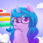 Size: 2400x2400 | Tagged: safe, artist:rivin177, izzy moonbow, pony, unicorn, g5, my little pony: a new generation, blue mane, cloud, curly hair, cute, ears, eye clipping through hair, fit right in (g5), glasses, high res, hooves up, horn, izzy is tol, izzybetes, solo