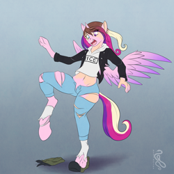 Size: 1280x1280 | Tagged: safe, artist:sepisnake, princess cadance, oc, oc only, human, pony, g4, belly, belly button, clothes, heterochromia, human to pony, male to female, mid-transformation, open mouth, ripping clothes, rule 63, solo, transformation, transformation sequence, transgender transformation