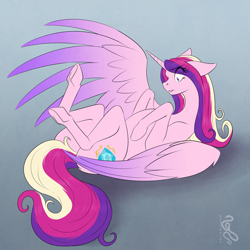 Size: 1280x1280 | Tagged: safe, artist:sepisnake, princess cadance, alicorn, pony, g4, eye clipping through hair, female, human to pony, large wings, lying down, male to female, mare, on back, rule 63, shocked, solo, transformation, transformation sequence, transformed, transgender transformation, wavy mouth, wings