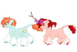Size: 1280x854 | Tagged: safe, artist:itstechtock, oc, oc only, oc:starfire, oc:valentine frapuccino, pony, unicorn, colt, duo, female, filly, glasses, magic, magical threesome spawn, male, offspring, parent:cinnamon chai, parent:moondancer, parent:morning roast, parent:starlight glimmer, parent:sunburst, parents:cinnamon roast, parents:starburstdancer, running, simple background, stick, white background