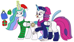 Size: 3180x1834 | Tagged: safe, artist:supahdonarudo, princess celestia, queen novo, alicorn, classical hippogriff, hippogriff, pony, g4, my little pony: the movie, christmas, clothes, coat, duo, hat, holiday, leggings, levitation, magic, present, santa hat, scarf, shopping, simple background, sweater, telekinesis, transparent background