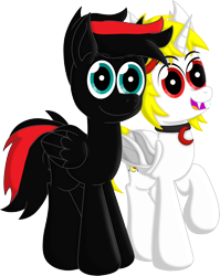 Size: 5188x6516 | Tagged: safe, artist:agkandphotomaker2000, oc, oc only, oc:arnold the pony, oc:lucia nightblood, bat pony, pegasus, pony, 2022 community collab, derpibooru community collaboration, absurd resolution, arncia, bat pony oc, duo, fangs, jewelry, looking at you, mane clip, necklace, oc x oc, open mouth, open smile, pegasus oc, raised hoof, red and black mane, red and black oc, shipping, simple background, smiling, smiling at you, transparent background