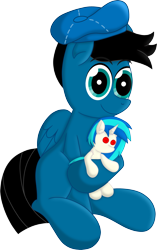 Size: 4060x6472 | Tagged: safe, artist:agkandphotomaker2000, dj pon-3, vinyl scratch, oc, oc:pony video maker, pegasus, pony, 2022 community collab, derpibooru community collaboration, g4, absurd resolution, director's hat, eyebrows, eyebrows visible through hair, i can see forever, looking at you, male, pegasus oc, plushie, simple background, sitting, smiling, smiling at you, solo, transparent background