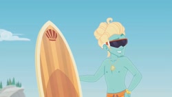 Size: 1920x1080 | Tagged: safe, screencap, gladys, zephyr breeze, blue crushed, equestria girls, equestria girls series, g4, clothes, male, male nipples, nipples, partial nudity, stupid sexy zephyr breeze, sunglasses, surfboard, topless, zephyr's necklace