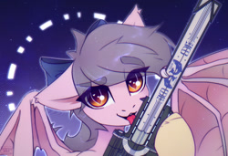 Size: 1280x875 | Tagged: safe, artist:radioaxi, oc, oc only, bat pony, pony, bat eyes, bow, destiny (video game), destiny 2 (game), eyebrows, eyebrows visible through hair, gun, izanagi's burden, licking, looking at you, rifle, solo, tongue out, watermark, weapon