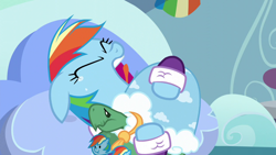 Size: 1280x720 | Tagged: safe, editor:rarity vrymer collective, screencap, rainbow dash, tank, pegasus, pony, tortoise, g4, tanks for the memories, closed eye, clothes, crying, duo, eyes closed, female, male, mare, multicolored hair, multicolored mane, rainbow dash slippers, sad, sadbow dash, slippers, tail