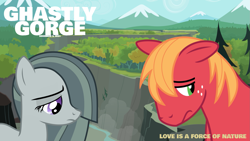 Size: 2063x1161 | Tagged: safe, anonymous artist, big macintosh, marble pie, earth pony, pony, g4, 2021, bittersweet, brokeback mountain, canyon, female, friendship, ghastly gorge, heartbreak, hurt/comfort, hurting, male, mare, mountain, movie reference, not shipping, regret, sad, scenery, ship sinking, stallion, tree, unrequited, unrequited love, youtube link in the description