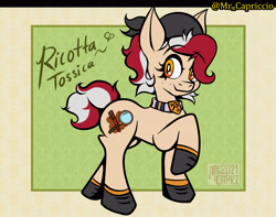 Size: 3800x3000 | Tagged: safe, artist:php190, oc, oc only, oc:ricotta tossica, earth pony, pony, abstract background, clothes, female, full body, hat, high res, jewelry, looking at you, mare, necklace, raised hoof, shoes, solo