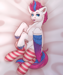 Size: 2756x3307 | Tagged: safe, artist:creed larsen, zipp storm, pegasus, pony, g5, my little pony: a new generation, clothes, fluffy, high res, looking at you, lying, open mouth, sheet, socks, solo, stockings, striped socks, thigh highs, underhoof, wings