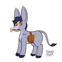 Size: 3000x3000 | Tagged: safe, artist:soupyfox, artist:soupyfoxartnsfw, oc, oc only, oc:lock copperbrain, donkey, bag, colored pupils, commission, donkey oc, full body, hammer, high res, looking at you, male, mouth hold, ruler, saddle bag, screwdriver, simple background, smiling, smiling at you, solo, tools, unshorn fetlocks, white background