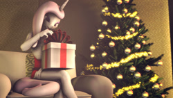 Size: 1280x720 | Tagged: safe, artist:cyberothedge, fleur-de-lis, unicorn, anthro, g4, 3d, christmas, christmas tree, clothes, couch, dress, holiday, nexgen, open mouth, present, solo, source filmmaker, tree