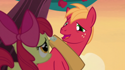 Size: 1920x1080 | Tagged: safe, screencap, apple bloom, big macintosh, earth pony, pony, brotherhooves social, g4, season 5, apple, apple bloom's bow, big macintosh's yoke, bow, brother and sister, female, filly, food, hair bow, horse collar, looking at each other, looking at someone, male, mare, siblings, stallion