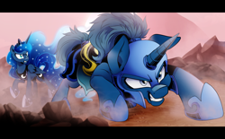 Size: 4000x2480 | Tagged: safe, artist:dormin-dim, princess luna, oc, oc:slashing prices, alicorn, pony, unicorn, armor, armor skirt, breastplate, canon x oc, commission, crown, cutie mark, defending, duo, ethereal mane, ethereal tail, female, helmet, high res, hoof shoes, horn, jewelry, male, mare, outdoors, regalia, royal guard, royal guard armor, saddle, scowl, shipping, skirt, slashing luna, stallion, tack, tail, tail wrap, unicorn oc, wings, ych result