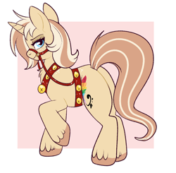 Size: 866x848 | Tagged: safe, artist:lulubell, oc, oc only, oc:lulubell, pony, unicorn, bridle, female, harness, horn, jingle bells, looking at you, mare, raised hoof, reins, side view, smiling, smiling at you, solo, tack, unicorn oc