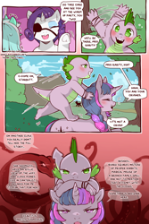 Size: 960x1440 | Tagged: safe, artist:cold-blooded-twilight, lyra heartstrings, rarity, spike, twilight sparkle, dragon, pony, snake, unicorn, cold blooded twilight, comic:cold storm, g4, alternate hairstyle, armband, blushing, comic, dialogue, dragons riding ponies, fangs, glowing, glowing eyes, open mouth, open smile, ponytail, riding, slit pupils, smiling, speech bubble, spike riding twilight, sweat, unicorn twilight, waving