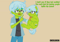 Size: 3508x2480 | Tagged: safe, artist:excelso36, oc, oc only, oc:excelso, human, pony, unicorn, equestria girls, g4, behaving like a cat, clothes, cookie, food, glasses, high res, holding a pony, human ponidox, male, nagging, no regrets, scruff, self paradox, self ponidox, stallion