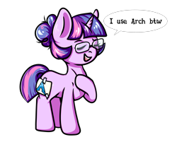 Size: 3744x3010 | Tagged: safe, artist:coco-drillo, sci-twi, twilight sparkle, pony, unicorn, equestria girls, g4, arch linux, equestria girls ponified, eyes closed, fake cutie mark, glasses, high res, hoof on chest, linux, meme, messy bun, messy mane, nerd, open mouth, open smile, proud, simple background, smiling, smug, smuglight sparkle, solo, standing, text, transparent background, unicorn sci-twi
