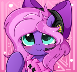 Size: 4696x4352 | Tagged: safe, artist:kittyrosie, oc, oc only, oc:lillybit, pony, absurd resolution, adorkable, blushing, bow, clothes, cute, dork, female, gaming headset, headphones, headset, mare, ocbetes, ribbon, scarf, smiling, solo