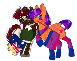Size: 1000x800 | Tagged: safe, artist:valkiria, oc, oc only, oc:figjam outback, oc:jade harmony, pegasus, pony, unicorn, australia, bandana, bisexual pride flag, boots, clothes, duo, ear piercing, earring, face paint, female, flag, jewelry, mare, markings, mouth hold, piercing, pride, pride flag, raised hoof, raised leg, shirt, shoes, shorts, simple background, socks, striped socks, tanktop, transparent background, unshorn fetlocks